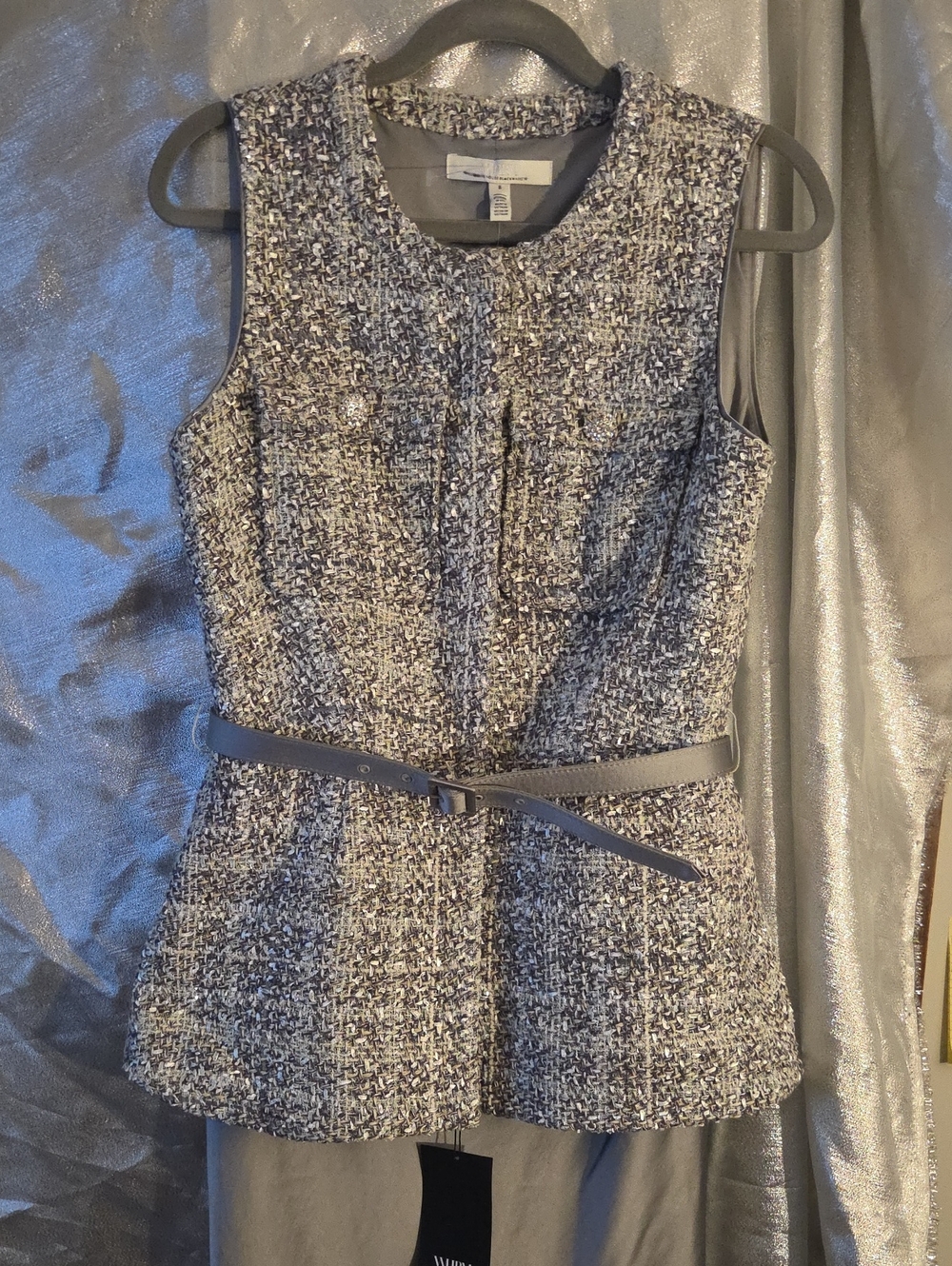 White House Black Market Black & White Tweed Sleeveless Dress with Belt